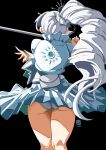 1girl automatic_giraffe back black_background cowboy_shot cropped_jacket dress frilled_skirt frills hair_ornament highres holding holding_sword holding_weapon panties ponytail puffy_short_sleeves puffy_sleeves rwby short_sleeves skirt solo sword underwear weapon weiss_schnee white_dress white_hair white_panties 