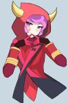  1girl blush bracelet courtney_(pokemon) flat_chest gloves highres hood hoodie horned_hood horns jewelry looking_at_viewer pokemon pokemon_(game) pokemon_oras purple_eyes purple_hair red_gloves red_hoodie ribbed_sweater smile solo spyg sweater team_magma_uniform upper_body yellow_horns 