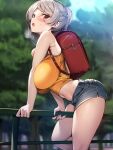  1girl absurdres alternate_costume arched_back backpack bag bare_shoulders belt black_belt blurry blurry_background blush breasts brown_eyes clothes_lift commentary_request conte_di_cavour_(kancolle) cosplay denim denim_shorts duplicate fingernails from_side gaki_kyonyuu grey_hair hand_on_railing heavy_breathing highres huge_breasts kantai_collection leaning_forward long_fingernails looking_at_viewer midriff navel open_clothes open_mouth open_shorts oppai_loli outdoors parted_bangs pixel-perfect_duplicate railing randoseru sasaki_kanna_(kaedeko) sasaki_kanna_(kaedeko)_(cosplay) sharp_fingernails shirt shirt_lift short_shorts shorts sitting_on_railing solo sweat tank_top tight tight_shirt torisan tree yellow_tank_top 
