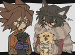  2boys animal animal_ears animal_hat black_cat black_headwear blue_eyes brown_hair cabbie_hat cat character_request closed_mouth coat commentary_request copyright_request crossover dog eye_contact facial_mark fake_animal_ears fur-trimmed_sleeves fur_collar fur_trim glasses gloves green_hair grey_coat hair_between_eyes hat height holding holding_animal holding_cat holding_dog jacket karabako long_sleeves looking_at_another male_focus master_detective_archives:_rain_code multiple_boys open_mouth orange_jacket purple_gloves red-framed_eyewear red_eyes round_eyewear short_hair spiked_hair thick_eyebrows upper_body white_gloves zilch_alexander 