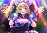  1girl :d animal_ears black_gloves blonde_hair blue_eyes blush breasts cleavage cleavage_cutout clothing_cutout commentary_request connectopia elbow_gloves fake_animal_ears gachikoi_neon gloves hands_up highres large_breasts looking_at_viewer pilokey pink_hair pink_shirt purple_gloves rabbit_ears shirt smile solo teeth thick_eyebrows twintails upper_body upper_teeth_only virtual_youtuber 