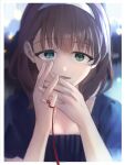  1girl blue_shirt blurry blurry_background brown_hair eye_reflection green_eyes hairband hinoshita_akame idolmaster idolmaster_cinderella_girls looking_at_viewer own_hands_together reflection sakuma_mayu shirt solo string string_of_fate upper_body white_hairband 