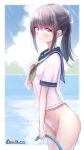  1girl black_hair blue_eyes blush embarrassed empty_pool hand_on_own_chest highres holding holding_hose hose nipples no_pants nushi_ma original outdoors ponytail pool school_uniform see-through serafuku solo wet wet_clothes 