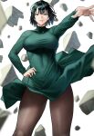  1girl absurdres breasts brown_pantyhose dress floating_rock fubuki_(one-punch_man) green_eyes green_hair hand_on_own_hip highres large_breasts lips long_sleeves looking_at_viewer one-punch_man pantyhose parted_lips short_hair solo standing yoshio_(55level) 