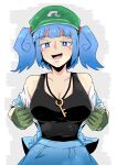  1girl :d black_tank_top blue_eyes blue_skirt breasts bright_pupils cleavage commentary flat_cap gloves green_gloves green_headwear grey_background hat highres kawashiro_nitori key large_breasts looking_at_viewer open_mouth sakamoto_fred skirt smile solo tank_top touhou upper_body white_pupils 