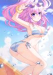  1girl adult_neptune arm_up armpits artist_name ass bikini binato_lulu blush breasts commentary day eyewear_on_head hair_between_eyes highres large_breasts long_hair looking_at_viewer looking_back navel neptune_(series) open_mouth outdoors pink_hair purple_eyes side-tie_bikini_bottom signature solo striped striped_bikini sunglasses surfboard surfing swimsuit very_long_hair water_drop 