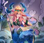  1girl :d animal_ears antlers bare_shoulders blue_eyes blue_skin breasts centaur colored_skin hair_between_eyes hair_ornament hand_up highres holding holding_staff horse_ears horse_girl league_of_legends lillia_(league_of_legends) long_hair looking_at_animal mochi_(mochibunnny) multicolored_hair night open_mouth outdoors shan_hai_scrolls_lillia smile solo staff taur teeth 