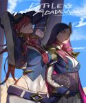  2girls alternate_costume artist_name battle_academia_caitlyn black_gloves blue_jacket book breasts caitlyn_(league_of_legends) cleavage covered_navel day english_text gloves goggles goggles_on_head hair_ornament hair_over_one_eye highres holding holding_book jacket large_breasts league_of_legends long_hair mouth_hold multiple_girls necktie official_alternate_costume open_clothes open_jacket outdoors parted_bangs pleated_skirt red_hair red_necktie skirt vest vi_(league_of_legends) white_jacket wosashimi 