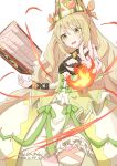  1girl :d bare_shoulders blonde_hair book bow butterfly_hair_ornament celine_(fire_emblem) crown dress dress_bow fire fire_emblem fire_emblem_engage floating floating_book floating_object flower green_bow green_eyes hair_flower hair_ornament highres kazami_doriru long_hair open_mouth pyrokinesis smile very_long_hair white_background yellow_dress 