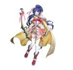  1girl blue_eyes blue_hair boots bow_(weapon) braid braided_sidelock breasts cape choker cleavage corset dress fingerless_gloves fire_emblem fire_emblem:_the_sacred_stones fire_emblem_heroes gloves hair_ribbon hair_tie high_ponytail holding holding_bow_(weapon) holding_weapon long_hair looking_at_viewer medium_breasts non-web_source official_alternate_costume official_art open_mouth pink_corset pink_dress pink_ribbon pleated_dress puffy_short_sleeves puffy_sleeves ribbon short_sleeves smile solo tana_(fire_emblem) thighhighs twin_braids weapon white_background white_gloves white_thighhighs yellow_cape 