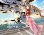  1girl aerith_gainsborough aircraft airship bangle bracelet braid braided_ponytail breasts brown_hair character_name cropped_jacket dated dress feet_out_of_frame final_fantasy final_fantasy_vii green_eyes hair_ribbon hand_in_own_hair happy_birthday highwind jacket jewelry long_dress long_hair looking_back medium_breasts motsutei open_mouth outdoors parted_bangs pink_dress pink_ribbon puffy_short_sleeves puffy_sleeves red_jacket ribbon short_sleeves sidelocks single_braid smile solo wavy_hair 
