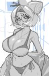  1girl bikini breasts cleavage hair_ornament hair_stick headband highres large_breasts looking_at_viewer monochrome psidubs purah round_eyewear standing swimsuit the_legend_of_zelda the_legend_of_zelda:_tears_of_the_kingdom undressing wet 