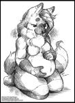  2023 anthro breasts canid canine chest_tuft crossgender featureless_breasts female fur greyscale hair looking_down mammal maned_wolf monochrome o-kemono pregnant pregnant_female solo tail tuft 