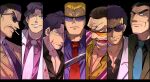  6+boys absurdres atsuize_pen-chan black_background black_eyes black_hair black_necktie black_shirt blazer blonde_hair blood blood_on_face blue_necktie brown_coat character_request cigarette closed_mouth coat column_lineup commentary_request copyright_request endou_yuuji facial_hair frown glint goatee grin highres inudori itakura_(tobaku_haouden_zero) jacket kaiji katana letterboxed looking_at_viewer male_focus multiple_boys necktie open_mouth orange-tinted_eyewear pink_shirt purple-tinted_eyewear shirt short_bangs short_hair smile smoking suit sunglasses sword teeth ten_(manga) tinted_eyewear tobaku_haouden_zero upper_body v-shaped_eyebrows very_short_hair wavy_hair weapon white_jacket white_necktie yamazaki_(atsuize_pen-chan) yellow_shirt 