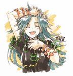  1girl :d ^_^ aqua_hair arm_on_head arm_up black_shirt blush_stickers bow closed_eyes commentary_request cropped_torso daisy facing_viewer flower hair_flower hair_ornament hand_on_own_head hand_on_own_neck hand_up happy head_wreath himemushi_momoyo hisona_(suaritesumi) jewelry long_hair open_mouth orange_bow petals ring shirt short_sleeves smile solo touhou upper_body white_background white_flower wrist_bow yellow_background 