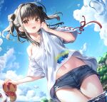  1girl :d black_hair blue_shorts blue_sky breasts brown_footwear cloud collarbone commentary_request day double_bun fujima_takuya hair_bun hand_up holding_sandals navel off_shoulder original outdoors red_eyes shirt short_shorts short_sleeves shorts sky small_breasts smile solo standing tree twitter_username two_side_up wading water water_drop white_shirt 