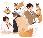  ! 2boys ? animal_ears black_hair bombyoon clothed_male_nude_male completely_nude fox fox_boy fox_ears fox_tail grey_hair haikyuu!! highres long_sleeves male_focus miya_osamu multiple_boys necktie nude red_necktie shirt short_hair simple_background suna_rintarou tail white_shirt yaoi 