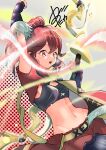  absurdres alternate_costume anna_(fire_emblem) arm_up bow_(weapon) fire_emblem fire_emblem_engage fist_pump high_ponytail highres holding holding_bow_(weapon) holding_weapon medaka_digital midriff navel open_mouth red_eyes red_hair teeth upper_body upper_teeth_only weapon 