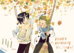  1boy 1girl 2022 aged_down artist_name black_hair blue_scarf blush broom child closed_eyes feet_out_of_frame feleven green_hair happy_birthday highres holding holding_broom kuina leaf maple_leaf one_piece open_mouth roronoa_zoro scarf short_hair smile sword sword_behind_back teeth v-shaped_eyebrows weapon white_scarf 