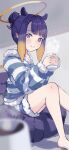  1girl absurdres ayamenma bare_legs bean_bag_chair blue_eyes blue_hair blunt_bangs blurry blurry_foreground closed_mouth cup cushion foot_out_of_frame from_side fur-trimmed_hood fur-trimmed_shorts fur-trimmed_sleeves fur_trim gradient_hair hair_bun hair_ears halo hands_up highres holding holding_cup hololive hood hoodie knees_up light_blush long_sleeves looking_at_viewer looking_to_the_side mole mole_under_eye mug multicolored_hair ninomae_ina&#039;nis pointy_ears shorts sidelocks sideways_glance single_hair_bun sitting smile solo steam striped striped_hoodie striped_shorts virtual_youtuber 