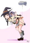  2girls =_= akashieru alternate_costume balloon black_hair black_headwear blunt_bangs braid carrying gradient_hair hair_ribbon halloween_costume hat highres holding holding_balloon kantai_collection kitakami_(kancolle) kitakami_kai_ni_(kancolle) kite_balloon long_hair low_ponytail midriff multicolored_hair multiple_girls piggyback purple_hair ribbon sailor_collar sailor_shirt school_uniform serafuku shirt short_hair sidelocks skirt tress_ribbon tsushima_(kancolle) white_shirt white_skirt witch_hat 