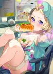  1girl animal_ears animal_hood bangs_pinned_back blonde_hair blush breasts camisole chair cleavage dinosaur_hood eating food_request forehead frilled_camisole frills green_jacket highres hololive hood hooded_jacket horns indoors jacket keyboard_(computer) knees_up large_breasts looking_at_viewer loungewear monitor nyas0123 office_chair official_alternate_costume official_alternate_hairstyle on_chair pink_shorts purple_eyes sheep_ears sheep_girl sheep_horns short_hair short_shorts shorts sitting solo swivel_chair thigh_strap tsunomaki_watame tsunomaki_watame_(5th_costume) virtual_youtuber 