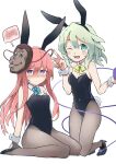  2girls animal_ears bad_anatomy bad_leg black_footwear black_leotard black_pantyhose blush closed_mouth commission detached_collar fake_animal_ears fake_tail green_eyes green_hair hair_between_eyes hata_no_kokoro high_heels highres komeiji_koishi leotard long_hair mask mask_on_head multiple_girls one_eye_closed open_mouth pantyhose pink_eyes pink_hair rabbit_ears rabbit_tail short_hair simple_background skeb_commission smile strapless strapless_leotard tail third_eye touhou v white_background wrist_cuffs yutamaro 