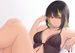  1girl babydoll bare_shoulders black_babydoll black_hair black_nails blonde_hair blush breasts choker collarbone ear_piercing fingernails highres idolmaster idolmaster_shiny_colors ikaruga_luca jewelry kirou_(kiruyuu1210) legs_up lingerie long_fingernails looking_at_viewer medium_hair multicolored_hair nail_polish parted_lips piercing see-through simple_background sitting solo streaked_hair two-tone_hair underwear underwear_only yellow_eyes 