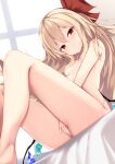  1girl alternate_hair_length alternate_hairstyle backlighting blush breasts completely_nude crystal female_masturbation flandre_scarlet from_below hair_censor hair_down highres indoors kashiwagi_yamine long_hair looking_at_viewer low_wings masturbation nude on_bed red_eyes sitting small_breasts smile solo touhou very_long_hair window wings 
