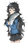  1girl animal black_skirt blue_eyes closed_mouth fang fish highres holding holding_animal holding_fish long_hair long_sleeves looking_at_viewer messy_hair milka_(milk4ppl) original pleated_skirt simple_background siska_(milka) skin_fang skirt solo white_background 