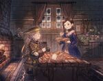  1boy 1girl bread brown_hair chair claire_(dewprism) closed_mouth dewprism fingerless_gloves fireplace food gloves hat long_hair maekakekamen open_mouth rue_(dewprism) single_glove sitting smile table window 