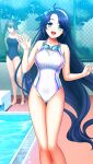  2girls :d ass_visible_through_thighs bare_arms bare_legs blue_bow blue_eyes blue_hair bow bow_hairband collarbone competition_swimsuit day doukyuusei_another_world floating_hair game_cg hair_bow hairband koiwai_akari long_hair looking_at_viewer multiple_girls one-piece_swimsuit open_mouth outdoors poolside smile solo_focus swimsuit thigh_gap very_long_hair waving white_hairband white_one-piece_swimsuit 