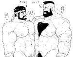  2boys abs bara beard blush chest_hair completely_nude facial_hair greyscale headband highres hoshieda_(hoshinoedao) large_pectorals looking_at_another male_focus male_pubic_hair mohawk monochrome multiple_boys muscular muscular_male navel nipples nude pectorals pubic_hair ryu_(street_fighter) scar scar_on_arm short_hair street_fighter street_fighter_6 translation_request zangief 
