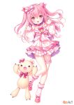  1girl :d animal_ears bare_shoulders bear_ears bow claw_pose commentary_request copyright_name dress full_body hair_between_eyes hair_bow hair_ornament hands_up himekuma_ribon long_hair long_sleeves looking_at_viewer pink_footwear pink_hair pleated_dress puffy_long_sleeves puffy_sleeves re:act red_eyes sacraneco shoes simple_background sleeveless sleeveless_dress sleeves_past_wrists smile socks solo standing standing_on_one_leg stuffed_animal stuffed_toy teddy_bear two_side_up very_long_hair white_background white_bow white_dress white_sleeves white_socks x_hair_ornament 