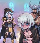  1boy 2girls ashe_(league_of_legends) beard black_cape black_dress blue_eyes blurry blurry_background blush breasts cape collarbone dress facial_hair fake_horns feet_out_of_frame grey_hair hands_on_own_hips helmet holding hood hooded_cape horned_helmet horns league_of_legends medium_breasts medium_hair multicolored_background multiple_girls muscular muscular_male orange_dress phantom_ix_row sejuani sick small_breasts standing tryndamere 