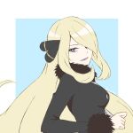  1girl blue_background breasts coat cynthia_(pokemon) from_side fur-trimmed_coat fur_trim grey_eyes hair_over_one_eye haru_(haru4782) highres long_hair looking_at_viewer open_mouth pokemon pokemon_(game) pokemon_dppt twitter_username upper_body very_long_hair white_background 