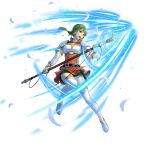  1girl armor boots braid braided_ponytail breastplate breasts dress feathers fingerless_gloves fire_emblem fire_emblem:_the_sacred_stones fire_emblem_heroes gloves green_eyes green_hair high_heel_boots high_heels holding holding_polearm holding_weapon long_hair low_ponytail official_art open_mouth orange_dress polearm shorts shorts_under_skirt small_breasts solo teeth thigh_boots thigh_shorts v-shaped_eyebrows vanessa_(fire_emblem) weapon white_background white_footwear white_gloves 