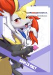  1girl animal_ear_fluff animal_ears animal_feet animal_nose arm_up black_fur blush body_fur border braixen censored censored_text commentary english_commentary english_text fangs feet flat_chest fox_ears fox_girl fox_tail furry furry_female half-closed_eyes hand_in_own_hair hand_up holding_with_feet leg_up legs looking_to_the_side medal multicolored_fur neck_fur open_mouth outside_border pawpads pokemon pokemon_(creature) purple_border red_eyes snout soles solo spread_legs standing standing_on_one_leg star_(symbol) stoic5 tail toes tongue tongue_out white_background white_fur yellow_fur 