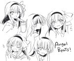  ... 1girl :d angel_beats! angry black_hairband blunt_bangs blush breasts clenched_teeth closed_eyes closed_mouth commentary_request copyright_name disgust excited eyes_visible_through_hair furrowed_brow hair_between_eyes hair_ribbon hairband hand_on_own_cheek hand_on_own_face happy index_finger_raised komowata_haruka long_hair long_sleeves looking_at_viewer looking_back medium_breasts medium_hair monochrome multiple_views nakamura_yuri nervous open_mouth ribbon shaded_face sidelocks simple_background sketch smile solo sparkle sweatdrop teeth upper_body very_long_hair white_background 