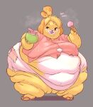  absurd_res animal_crossing anthro belly beverage big_belly blonde_hair blush blush_stickers breasts breath canid canine canis chubby_cheeks clothed clothing coconut coconut_drink dessert domestic_dog drupe_(fruit) fat_arms fat_legs female food footwear fruit fur hair hi_res holding_food holding_object huge_belly huge_hips ice_cream isabelle_(animal_crossing) mammal morbidly_obese morbidly_obese_anthro morbidly_obese_female nintendo obese obese_anthro obese_female open_mouth overweight overweight_anthro overweight_female panting plant sandals shih_tzu simple_background sooftly toy_dog white_body white_fur yellow_body yellow_fur 
