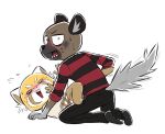  2023 age_difference aggressive_retsuko ailurid anthro blush bottomwear caramelpopcoms2 caught clothing colored duo female footwear haida hyena kneeling looking_at_viewer lying male male/female mammal motion_lines on_back pattern_clothing pattern_shirt pattern_topwear red_panda retsuko&#039;s_mother rolled_up_sleeves sanrio shirt simple_background skirt socks striped_clothing striped_shirt striped_topwear stripes topwear 