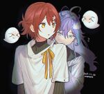  2boys artist_name black_background blue_hair chestnut_mouth dated flower ghost hair_between_eyes hair_flower hair_ornament hanasaki_miyabi hiding hiding_behind_another holostars long_hair looking_at_another looking_at_viewer male_focus minase_rio momose_(oqo) multiple_boys purple_eyes purple_hair red_hair ribbon scared shirt short_hair sweatdrop sweater sweater_under_shirt turtleneck turtleneck_sweater upper_body virtual_youtuber white_shirt yellow_eyes yellow_ribbon 