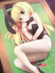  1girl :&gt; animal_ears ass bangs black_leotard blonde_hair blush bow bowtie breasts closed_mouth commentary_request detached_collar emurin fake_animal_ears full_body green_eyes hair_between_eyes hair_intakes leotard long_hair looking_at_viewer lying on_side on_table original oversized_breast_cup pantyhose playboy_bunny rabbit_ears red_bow red_bowtie roulette_table small_breasts smile solo strapless strapless_leotard table white_pantyhose wrist_cuffs 