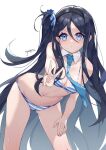  1girl absurdly_long_hair absurdres aris_(blue_archive) artist_name bare_arms bare_legs bikini black_hair black_hairband blue_archive blue_bikini blue_eyes blue_necktie bow bow_bikini breasts cleavage detached_collar hair_between_eyes hair_ornament hair_scrunchie hairband highres leaning_forward long_hair looking_at_viewer medium_breasts navel necktie one_side_up scrunchie signature simple_background standing stomach striped striped_bikini sweat swimsuit syusyuu thighs v very_long_hair white_background white_bikini 