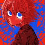  1girl akaya_(na_ve_1) black_sweater blue_background blue_eyes closed_mouth colored_skin dripping_eye from_side hair_between_eyes highres looking_at_viewer looking_to_the_side original portrait red_background red_hair red_skin red_theme scribble short_hair solo sweater tears 