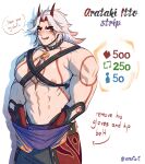  1boy abs absurdres alternate_muscle_size arataki_itto bara blush body_markings bodypaint chest_harness collar english_text feet_out_of_frame genshin_impact harness highres horns jewelry large_pectorals like_and_retweet long_hair male_focus meme muscular muscular_male navel necklace nipples oni oni_horns pectoral_press pectorals red_eyes red_horns shirt_removed shy skindentation solo spiked_collar spikes standing stomach thick_eyebrows twitter_strip_game_(meme) undressing varant_art white_background white_hair 