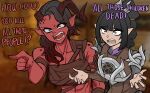  2girls abs angry armor baldur&#039;s_gate baldur&#039;s_gate_3 black_hair blurry blurry_background breasts broken_horn centurii-chan_(artist) character_request chest_harness cleavage collarbone colored_skin commentary demon_girl demon_horns dungeons_and_dragons elf english_commentary english_text gradient_hair hair_ornament harness highres horns karlach_(baldur&#039;s_gate) long_hair multicolored_hair multiple_girls muscular muscular_female open_mouth pointing pointy_ears ponytail red_hair red_skin shadowheart_(baldur&#039;s_gate) teeth 