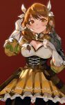  1girl armor belt black_pantyhose breasts brown_belt brown_eyes brown_hair cleavage commentary_request corset cowboy_shot fire_emblem fire_emblem_engage gbbgb321 gloves goldmary_(fire_emblem) hair_ribbon highres long_hair looking_at_viewer medium_breasts miniskirt pantyhose petticoat red_background ribbon shoulder_armor simple_background skirt smile solo standing white_gloves white_ribbon yellow_skirt 