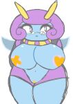  &lt;3 antennae_(anatomy) anthro big_breasts blue_body breasts cubesmolly eyewear female generation_3_pokemon glasses hair hi_res illumise navel nintendo pokemon pokemon_(species) purple_eyes purple_hair simple_background solo star white_background wings 