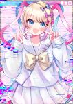  1girl :d blonde_hair blue_bow blue_eyes blue_hair blue_nails blue_shirt blue_skirt blush bow chouzetsusaikawa_tenshi-chan double_v glitch hair_bow hands_up highres holographic_clothing koya_(0okoya) long_hair long_sleeves looking_at_viewer multicolored_hair multicolored_nails needy_girl_overdose open_mouth pink_bow pink_hair pink_nails pleated_skirt purple_bow quad_tails sailor_collar school_uniform serafuku shirt skirt smile solo twintails v very_long_hair window_(computing) yellow_bow 